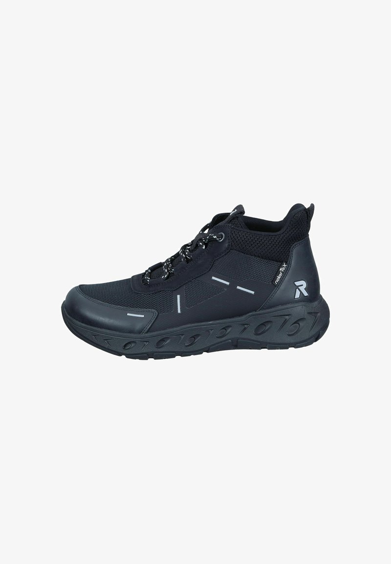 Black athletic shoes feature a mesh upper, reflective accents, and a textured rubber sole with a rounded design for stability.