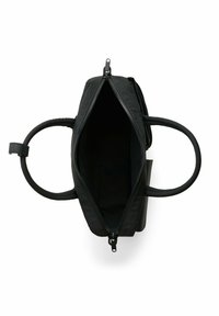 Sort blødt materiale taske med to runde håndtag, lynlåsåbning øverst, og et tomt indre. Enkel, moderne design.