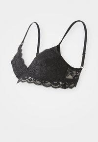 Melna mežģīņu bralette ar ziedu rakstu, trīsstūra tases, regulējamiem siksniņām un viļņotiem malām. Mīksta tekstūra un bez oderes dizains.