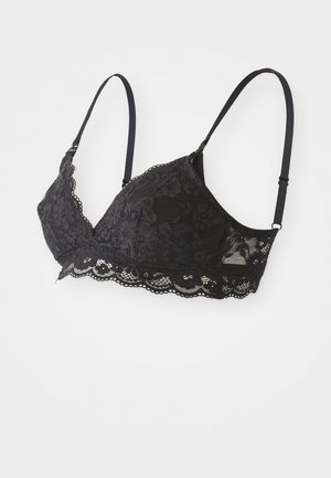 Melna mežģīņu bralette ar ziedu rakstu, trīsstūra tases, regulējamiem siksniņām un viļņotiem malām. Mīksta tekstūra un bez oderes dizains.