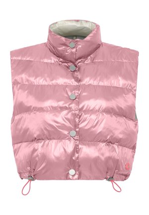 Glänzende pinkfarbene Steppweste mit hohem Kragen, Druckknopfverschluss, horizontaler Steppung und verstellbaren Kordelzügen am Saum.