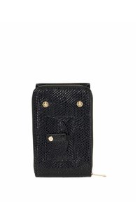 Black textured handbag with a front pocket secured by a strap and two gold circular studs near the top, zipper detail on the side.