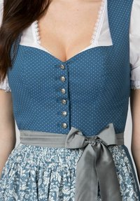 Blue polka dot bodice with silver buttons, beneath a grey satin ribbon. Skirt features floral pattern in white and blue, gathered texture.