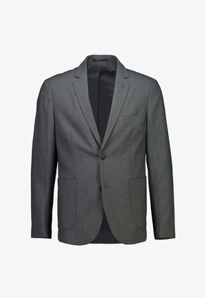 Blazer da uomo grigio, monopetto, con rever a lancia, due tasche applicate frontali, una tasca sul petto e fodera interna nera, abbottonato al centro.