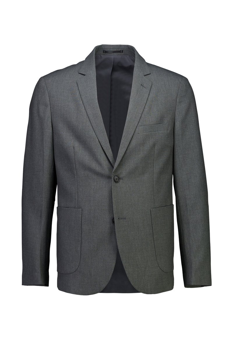 Grijs enkelrijks herenenblazer met inkeping op de revers, twee voorzakken met klep, een borstzak en een zwarte voering aan de binnenkant, in het midden dichtgeknoopt.