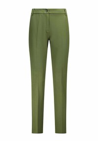 Pantaloni verdi su misura realizzati in tessuto liscio, con patta zip e chiusura con bottone, vestibilità slim con gambe dritte e senza tasche visibili.