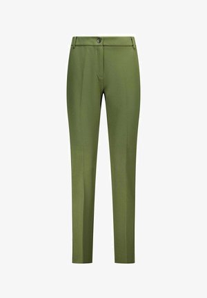 Pantaloni verdi su misura realizzati in tessuto liscio, con patta zip e chiusura con bottone, vestibilità slim con gambe dritte e senza tasche visibili.
