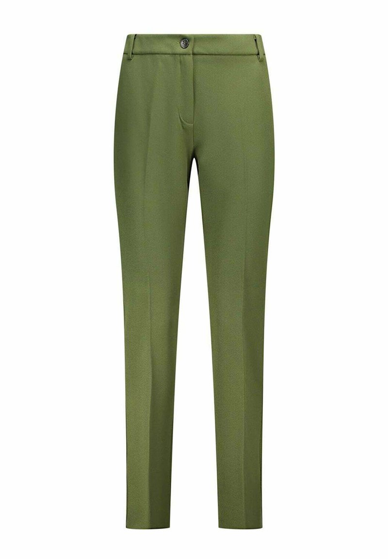Pantaloni verdi su misura realizzati in tessuto liscio, con patta zip e chiusura con bottone, vestibilità slim con gambe dritte e senza tasche visibili.