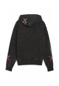 Schwarzer Kapuzenpullover mit verblasster Textur. Verfügt über bunte Sternenmuster an der Kapuze und den Ärmeln. Rippbündchen an den Ärmeln und am Saum.