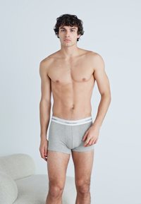 Boxer ajustados de algodón gris con una cintura elástica blanca que presenta el logo "Calvin Klein", sobre un modelo de pie contra un fondo liso.