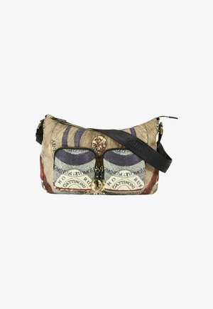 Borsa in tessuto con un design a motivo, dotata di hardware dorato, tracolla nera, due tasche con zip e dettagli decorativi in colori vivaci.