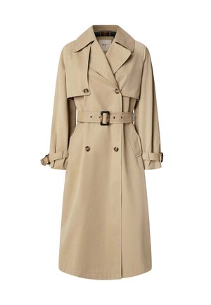 Beige trenchcoat in een katoenmix; dubbel gevoerd ontwerp met grote knopen, ceintuur in de taille en klepzakken; beschikt over een geruite voering.