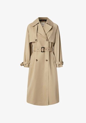 Beige trenchcoat i bomullsblandning; dubbelknäppt design med stora knappar, knytmidja och klafffickor; har ett rutigt foder.