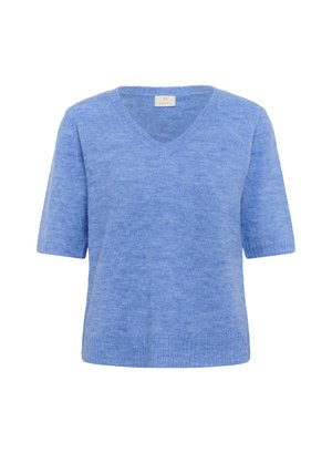 Hellblaues, kurzärmeliges Sweater mit V-Ausschnitt. Aus weichem, strukturiertem Material gefertigt, verfügt es über einen gerippten Saum und ein dezentes Strickmuster.
