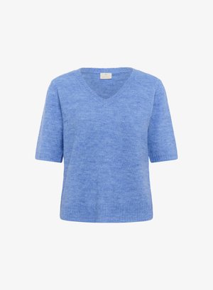 Maglione azzurro chiaro a maniche corte con scollatura a V. Realizzato in un tessuto morbido e testurizzato, presenta un orlo a costine e un motivo a maglia discreto.