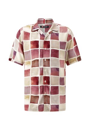 Kurzarmhemd aus leichtem Stoff mit einem karierten Muster in unterschiedlichen Nuancen von Pink, Beige und Creme, versehen mit perlmuttfarbenen Knöpfen.