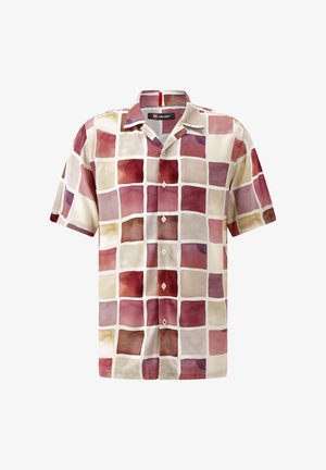 Kurzarmhemd aus leichtem Stoff mit einem karierten Muster in unterschiedlichen Nuancen von Pink, Beige und Creme, versehen mit perlmuttfarbenen Knöpfen.