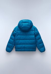 Blauer Pufferjacke mit Kapuze, mit gestepptem Muster, gerippten Bündchen und einem Logopatch am linken Ärmel.