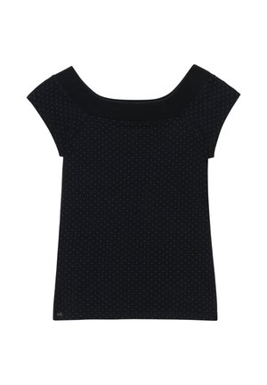 Sort top med korte ærmer, bred firkantet halsudskæring og mønster med små hvide prikker overalt på stoffet.