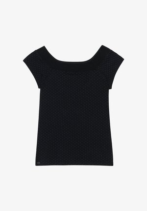 Sort top med korte ærmer, bred firkantet halsudskæring og mønster med små hvide prikker overalt på stoffet.