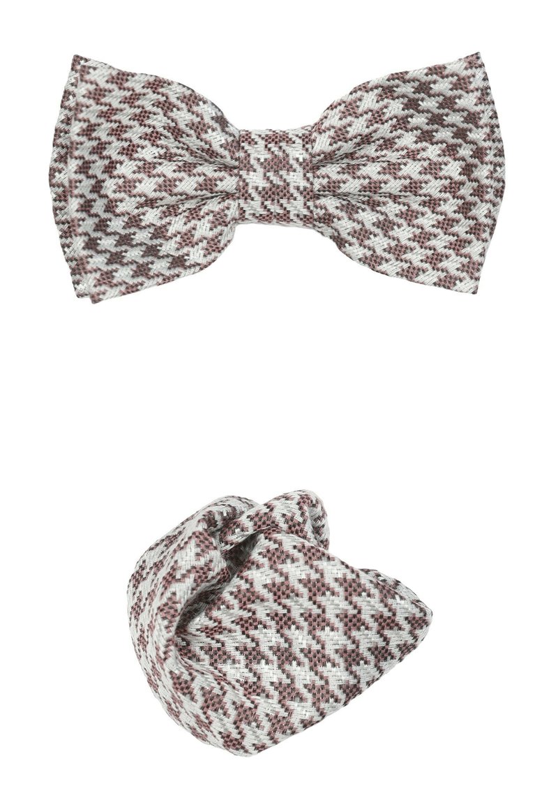 Bruin en witte houndstooth-gepatenteerde stof vlinderdas met een zachte textuur, gecombineerd met een bijpassende geknoopte band.