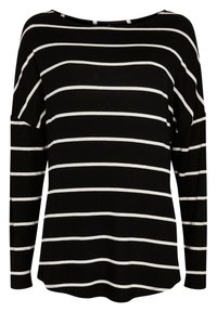 Czarny top z długim rękawem w białe poziome paski, z szerokim dekoltem i luźnym krojem. Miękki materiał o gładkiej fakturze.