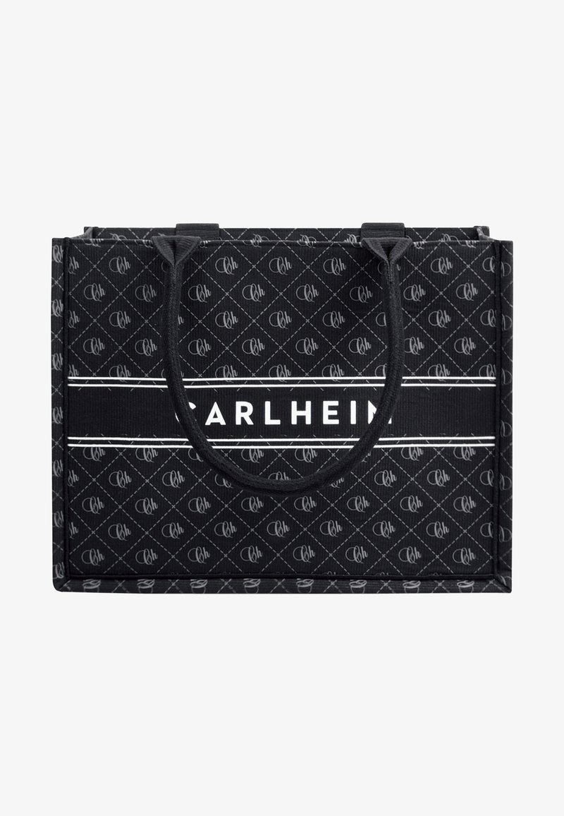 Borsa a tracolla nera realizzata in materiale stampato con marchio bianco. Caratterizzata da due manici resistenti e una forma rettangolare.