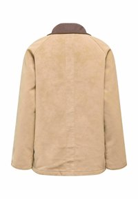 Giacca beige a maniche lunghe con colletto in velluto a coste marrone, vista da dietro, con una semplice cucitura al centro.