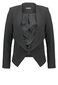 Blazer noir pour femme ajusté, manches longues, ouverture frontale, doublure intérieure lisse effet satin, avec une découpe d'ourlet pointue.