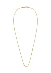 Collier en chaîne dorée avec des perles rondes petites et régulièrement espacées. Texture lisse, design polyvalent et fermoir à pince en homard pour une fermeture sécurisée.