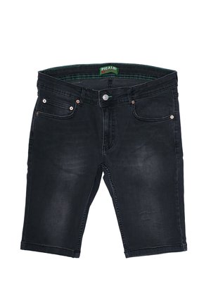 Black denim shorts with front pockets, copper rivets, button closure, and green inner waistband label.