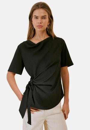 Friends Like These, REGULAR FIT - SHORT SLEEVE TIE SIDE COWL NECK BLOUSE . - Blouse - black
