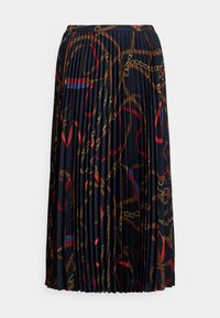 Tengerészkék pliszírozott midi szoknya, barna kötél-, aranylánc- és piros-kék díszítéssel az egész felületen.