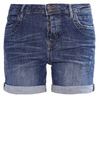 Tummansiniset farkkushortsit, joissa on kulutettu pinta, käänteinen helma ja viiden napin suljenta vyötäröllä.