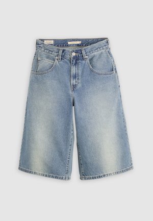 Light blue denim knee-length shorts with front button, zipper, belt loops, and side pockets on a plain background.