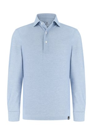 Polo a maniche lunghe azzurro chiaro con patta abbottonata e colletto, tessuto strutturato e etichetta con marchio vicino all'orlo.