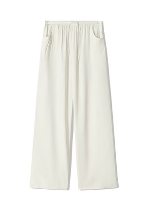 Pantaloni largi dintr-un material moale și ușor; culoare crem; talie elastică cu șnur; două buzunare laterale pentru utilitate.