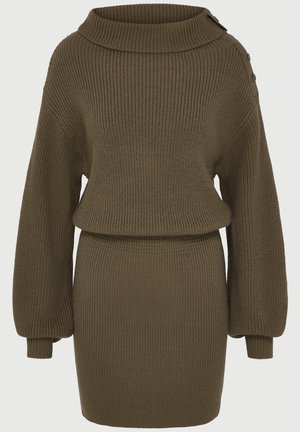 Olivenfarbener Strickkleid mit Ballonärmel, weitem Rollkragen und Knopfdetails an der Schulter.