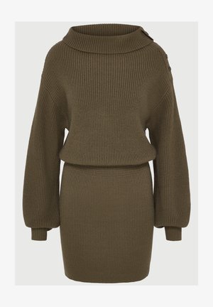 Olive green knitted sweater dress with balloon sleeves, wide cowl neck, and button detailing on the shoulder.
