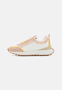 Lightweight sneaker with a white and pink mesh upper, yellow accents, and a textured rubber sole. Features metallic hardware and layered design.