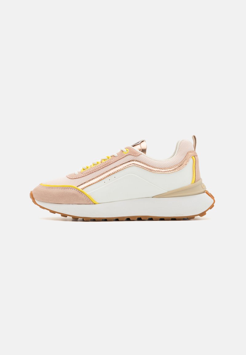 Lightweight sneaker with a white and pink mesh upper, yellow accents, and a textured rubber sole. Features metallic hardware and layered design.