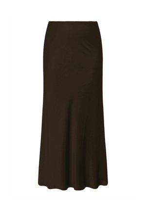 Tumepruun kõrge vöökohaga, pahkluu pikkune seelik, sileda tekstuuriga ja kergelt laieneva äärega valgel taustal.