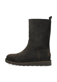 Donkerbruine suède enkellaars met een gladde textuur, ronde neus en stikdetails. Inclusief een lusje voor gemakkelijke aantrekking.