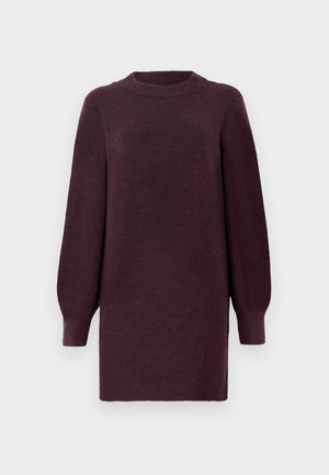 Maroon sweater dress with a round neckline and long, slightly puffed sleeves. Made from soft, textured fabric. Ends above the knee.