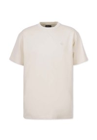 Cremfarbendes Baumwoll-T-Shirt mit kurzen Ärmeln, rundem Halsausschnitt und minimalistischem Logo, das dezent in einem sanften Farbton auf der linken Brustseite eingestickt ist.