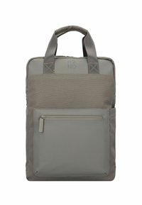 Sac à dos gris avec deux poignées, tissu lisse, poche zippée à l'avant et marquage subtil. Forme rectangulaire et détails de conception minimaux.