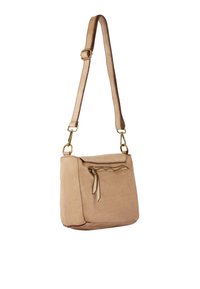 Borsa a tracolla in pelle beige con texture morbida, cinturino singolo e regolabile, tasca frontale con zip e design minimalista.