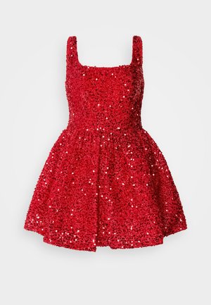 Red, sequined dress with a square neckline, sleeveless design, fitted bodice, and flared skirt. Sparkling texture throughout.