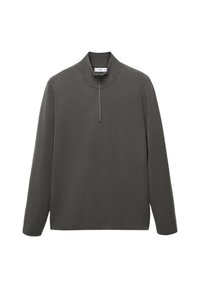 Donkergrijze lange mouw pullover met een korte rits en opstaande kraag, gemaakt van breiwerk, plat gelegd op een witte achtergrond.
