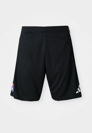 Shorts sportivi neri realizzati in un tessuto morbido e leggero. Presentano una vita elastica, il logo Adidas in grigio e una toppa sul lato.
